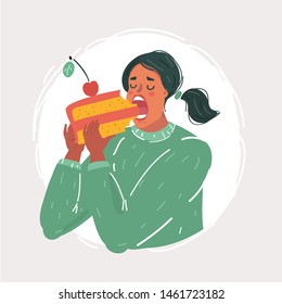 Cartoon Vector Illustration Of Woman Taking A Huge Bite Out Of Big Cake.