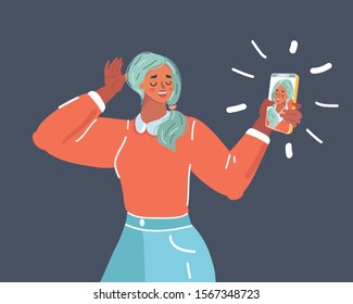 Cartoon vector illustration of Woman taking a selfie with her phone camera. Human character on dark background.