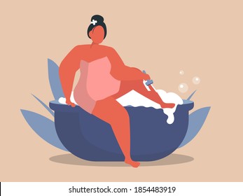 Cartoon vector illustration of a woman taking a bath and shaving her legs, sits on the edge of the bathroom. Human character on white background.