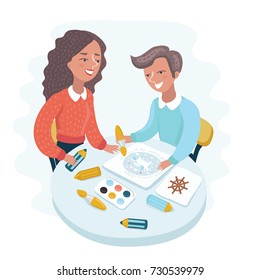 Cartoon vector illustration of Woman teaches boy painting. Characters on white isolated background. Workshop in painting school.