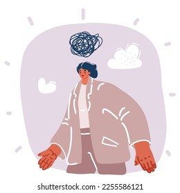 Cartoon vector illustration of Woman with thread in her mind. Somone help to solve mental issues