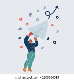 Cartoon Vector Illustration Of Woman Throwing Paper Plane