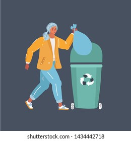 Cartoon vector illustration of A woman throws trash in recycle can. Human character on dark background.