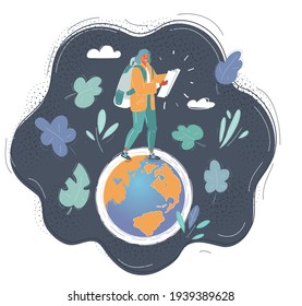 Cartoon vector illustration of woman traveler with backpack walking in amazing mountains and forest, wanderlust, travel concept, Character steps on tiny earth globe on dark background.