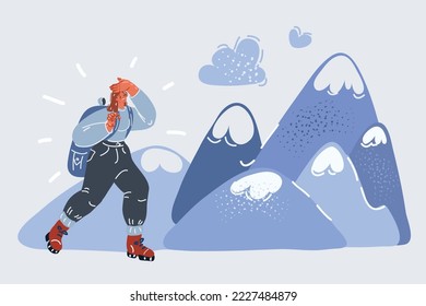 Cartoon vector illustration of woman traveler hiker and look at mounting hills