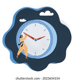 Cartoon vector illustration of Woman try stop the time. Female charcter drags the arrows back at Big clock on dark backround.