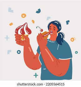 Cartoon Vector Illustration Of Woman Try To Put In Her Mouth Lots Of Cackes. Sweet Tooth And Sugar Liker Concept.