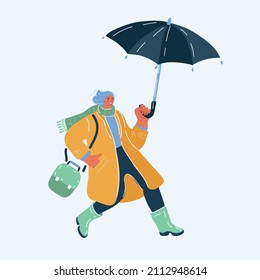 Cartoon vector illustration of woman with umbrella walking