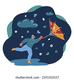 Cartoon vector illustration of Woman with umbrella caught in gust of wind, it broken her umbrella over dark backround