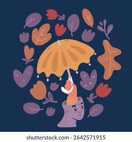 Cartoon vector illustration of woman with umbrella over her head that protects from rain or sun.