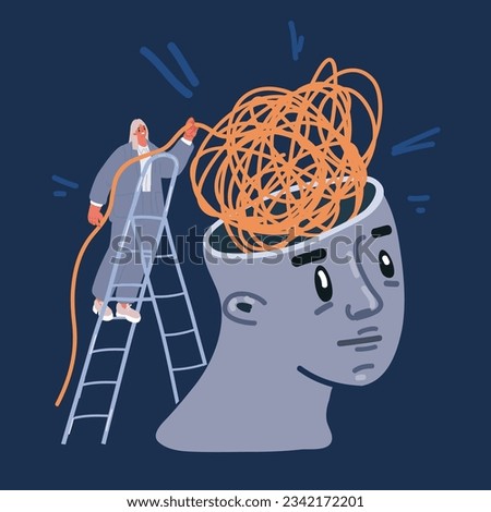 Cartoon vector illustration of woman unravel mess thread in big human head over dark background Stock photo © 
