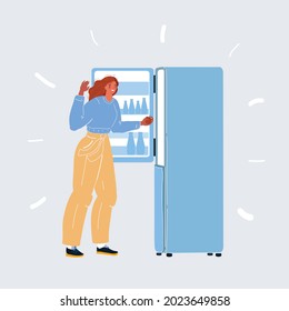 Cartoon vector illustration of woman use Fridge. Woman take Refrigerator. Girl pulls an apple out of the fridge on white backgroud.