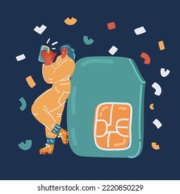 Cartoon vector illustration of woman use Phone next to big simcard over dark backround