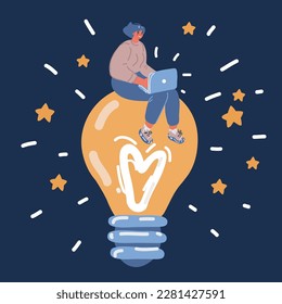 Cartoon vector illustration woman use wireless netbook sit big light bulb over dark background