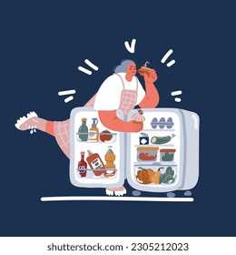 Cartoon vector illustration of woman use Fridge. Woman with open Refrigerator full of food. Character pulls cakes out of the fridge over dark background