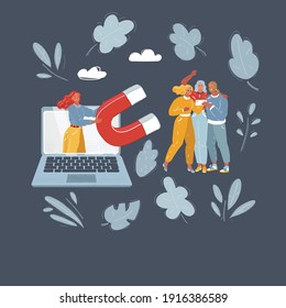 Cartoon vector illustration of Woman using a big magnet to attract social media likes on dark background.