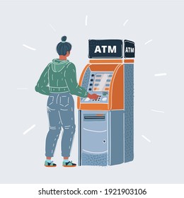 Cartoon vector illustration of woman using cash ATM machine. Character and object on white isolated background