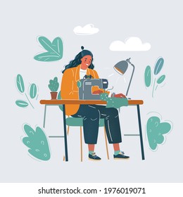 Cartoon vector illustration of woman using sewing machine is sews her clothes