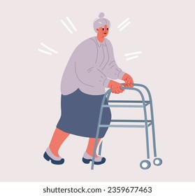Cartoon vector illustration of woman with walker. Disabled people with walking frame.