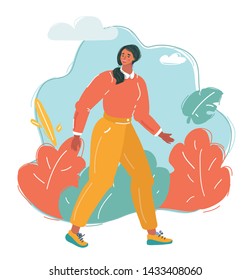 Cartoon vector illustration of woman walking in park.