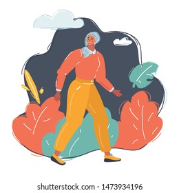 Cartoon vector illustration of woman walking outdoor on dark background.
