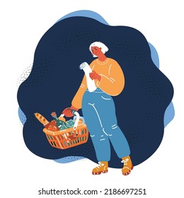 Cartoon vector illustration of woman walking and carrying a shopping basket full of groceries over dark backround
