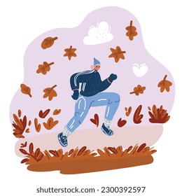 Cartoon vector illustration of woman walking in autumn wind. Woman run in autumn fall park in wind with falling leaves, bad cold weather outdoor