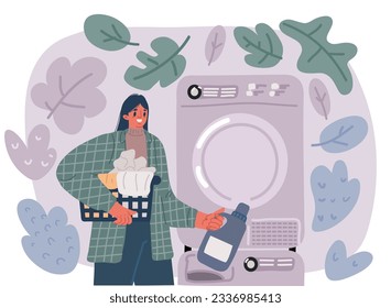 Cartoon vector illustration of Woman Washing Clothes. Washing machine behind