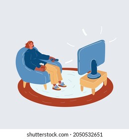 Cartoon vector illustration of a woman watching TV happily on a white background