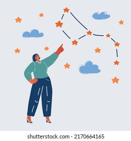 Cartoon vector illustration of woman watching the stars in the sky