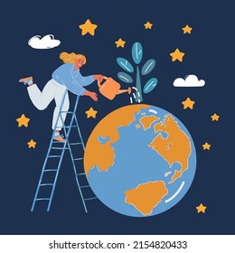 Cartoon vector illustration of Woman watering tree on earthgloube over dark background