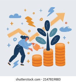 Cartoon vector illustration of woman waters coin flowers. Investment, capital growth concept