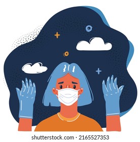 Cartoon vector illustration of woman wearing protective mask and latex or rubber gloves over dark background.