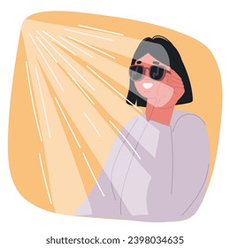 Cartoon vector illustration of woman wearing glasses and look at sun. Sun ray