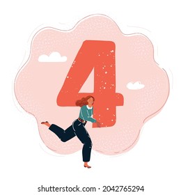 Cartoon vector illustration of woman who run and carries big 4 four number symbol
