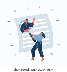 Cartoon vector illustration of woman who make Job search. Magnifying glass searching