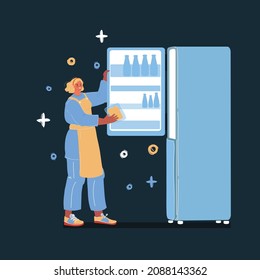 Cartoon vector illustration of woman who open refrigerator on dark backround.