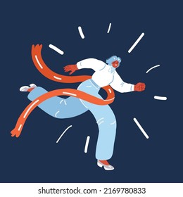 Cartoon vector illustration of woman winning a race breaking through the finish line and ribbon over dark backround