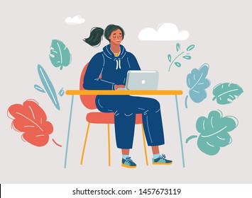 Cartoon vector illustration of woman working on a laptop computer at office desk. Modern vector character on white.