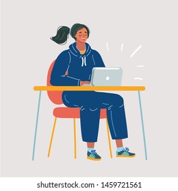 Cartoon vector illustration of woman working on laptop on white background.