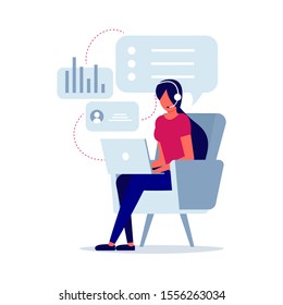 Cartoon vector illustration of woman working on computer. Cartoon vector illustration of woman working on computer.