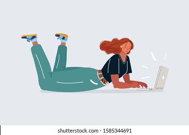 Cartoon vector illustration of woman working on a laptop at home. Female character lies on her stomach on white background.