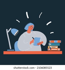 Cartoon vector illustration of woman working at her desk. Writing