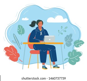 Cartoon vector illustration of woman works at the laptop at the desk,