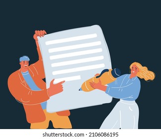 Cartoon vector illustration woman is writing document with pen. Signature concept over dark