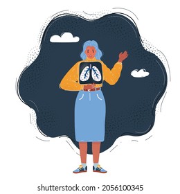 Cartoon vector illustration of Woman with x ray shot of lungs.