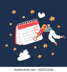 Cartoon vector illustration of A womanb circling the date o in the calendar and flying over dark background