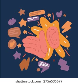 Cartoon vector illustration of woman's ear and hand through.The concept of eavesdropping, espionage, gossip and tabloids over dark backround.