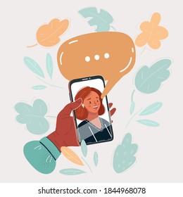 Cartoon vector illustration of Woman's face on smartphone screen, speech bubble above. Person using a mobile phone for online consultation, video call,  video in social media. Isolated on a white 