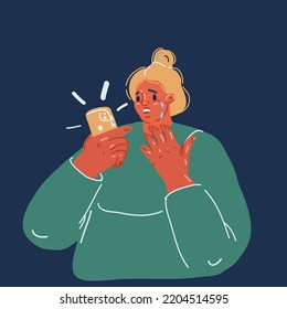 Cartoon, Vektorgrafik von Frauen Gesicht Ausdruck, Emotion, schlechte Nachrichten Reaktion auf dunklem Hintergrund